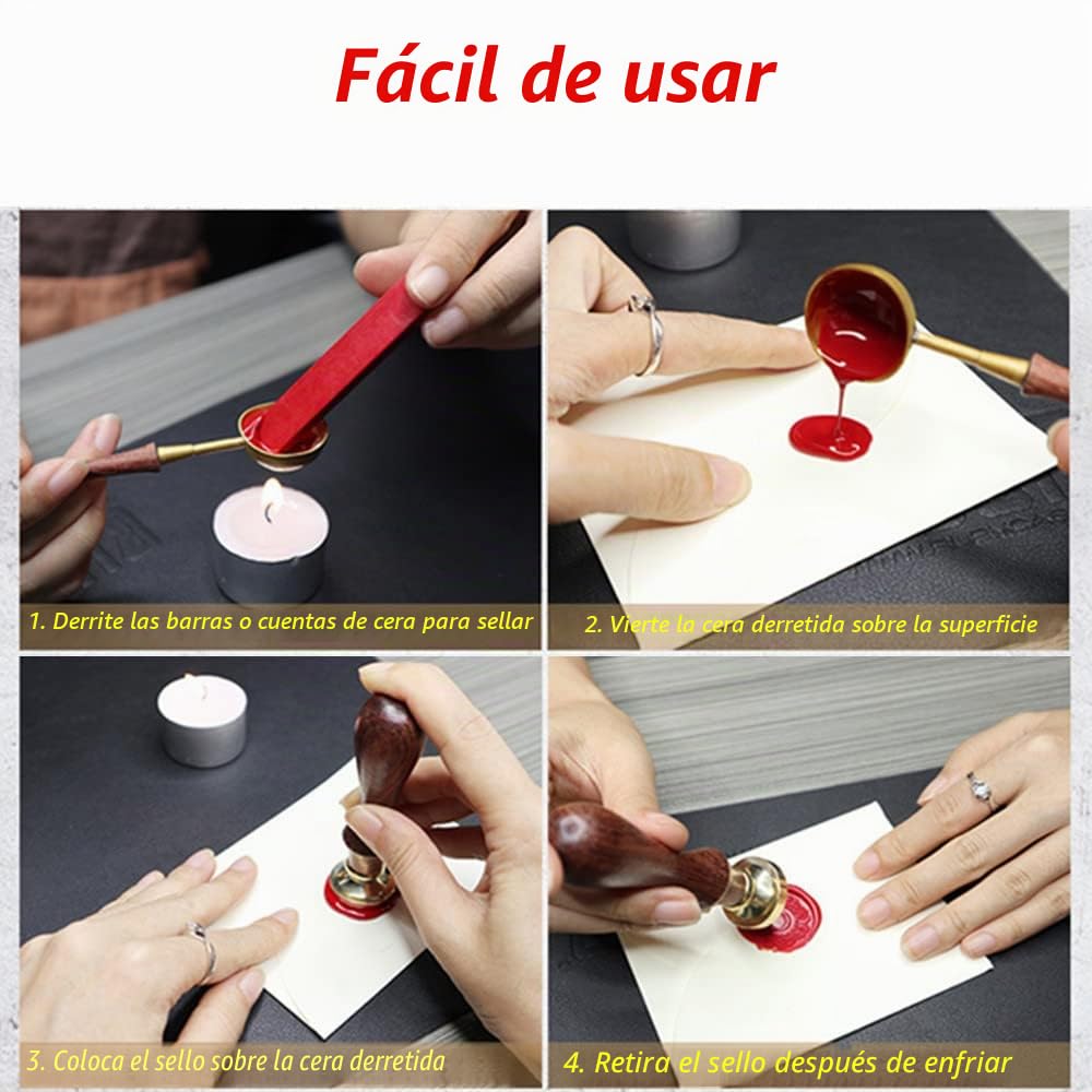 Kit de sellos de cera con 6 cabezas de latón removibles y 1 mango de madera, sello de cera con estrellas para tarjetas e invitaciones