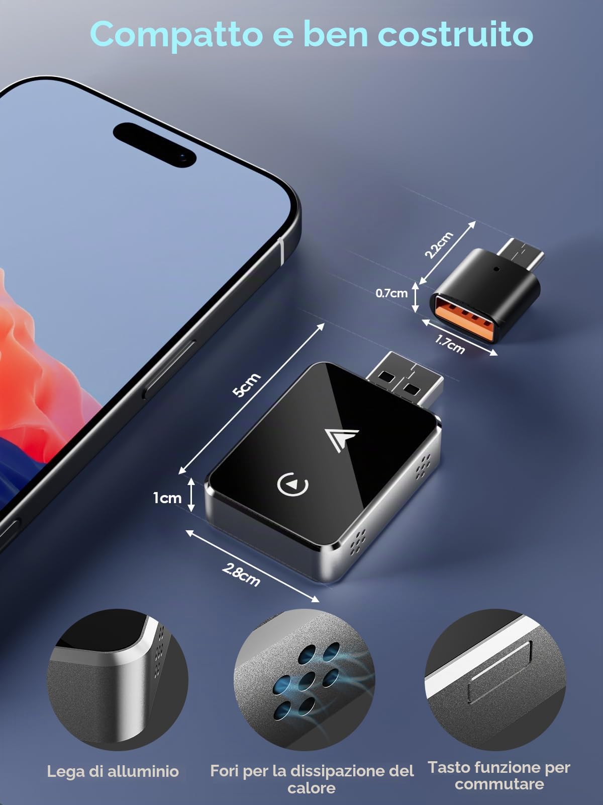 Adattatore Wireless 2 in 1 per CarPlay/Android Auto, PARPAT CarPlay Wireless Adapter con USB/Type-C, Connessione Stabile e Nessun Ritardo, Compatibile con iPhone/Android (CARPLAY01)