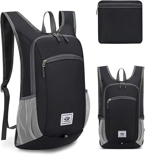 DOJUNS Mochila de senderismo de 15 litros, mochila de viaje pequeña, ligera, plegable, plegable, mochilas de campamento para mujeres y hombres Negro