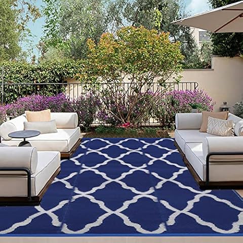 OutdoorLines Outdoor Area Rugs for Patio 5x8 ft - Reversible Outside Carpet, Stain & UV Resistant RV Mats, Plastic Straw Rug for Camping, Deck Garden, Porch and Balcony, Moroccan Navy & Light Grey Cover