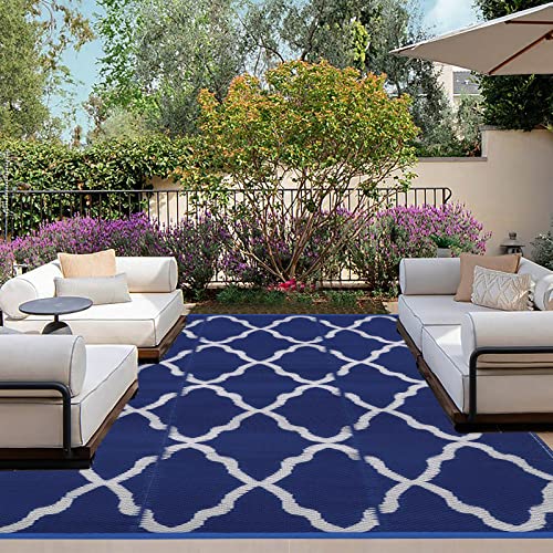 Outdoorlines Outdoor Plastic Area Rugs For Patio 4X6 Ft - Reversible Outside Carpet, Stain & Uv Resistant Rv Mats, Straw Rug For Camping, Deck Garden, Porch And Balcony, Moroccan Navy & Light Grey #TOP29