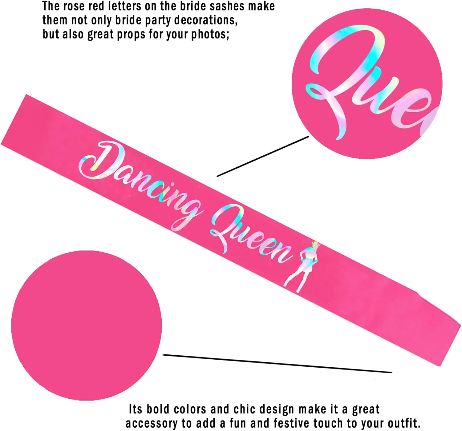 Dancing Queen Sash with Iridescent Foil, Hot Pink Disco Bachelorette Party Sashes for Bridal Shower, Birthday Sash for Girls Women, Mamma Mia Party Sashes Decorations(Hot Pink + Iridescent) image 3
