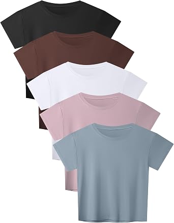 HOPLYNN 5 Pack Crop Top T Shirts for Women Workout Gym Athletic Running Yoga Casual Short Sleeve Crew Neck Tee Shirts Tops