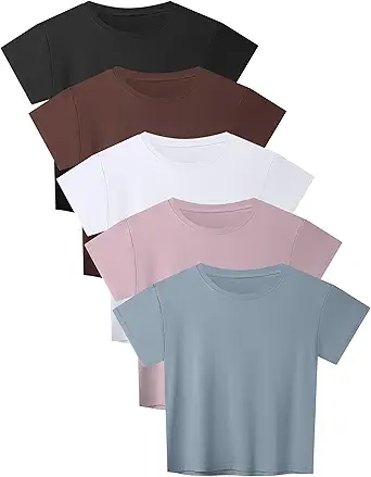 HOPLYNN 5 Pack Womens Loose Fit Crop Top Short Sleeve Crew Neck T Shirts Workout Athletic Running Yoga Gym Casual Tees