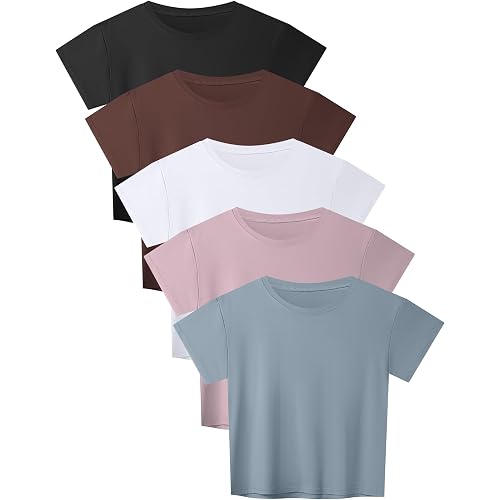 HOPLYNN 5 Pack Women's Loose Fit Short Sleeve Workout Crop Top T-Shirts | Cropped, Boxy, Baggy, Ultra-soft Fabric, Gym, Athletic, Running, Yoga, Hiking, Sports, Casual, Activewear, Crew Neck T-Shirts