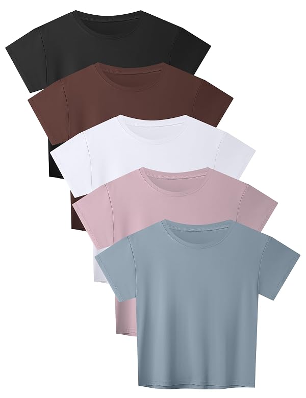 HOPLYNN 5 Pack Crop Top T Shirts for Women Workout Gym Athletic Running Yoga Casual Short Sleeve Crew Neck Tee Shirts Tops 1 Black 1 White 1 Pink 1 Blue 1 Coffee Large by HOPLYNN - Used condition - US$27.02