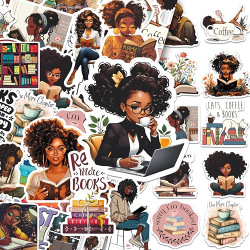 100PCS Black Girls Bookish Stickers for Laptop Phone Water Bottle Accessories Gifts Book Sticker for Journaling Book Lover Sticker Bookish Reading Accessories