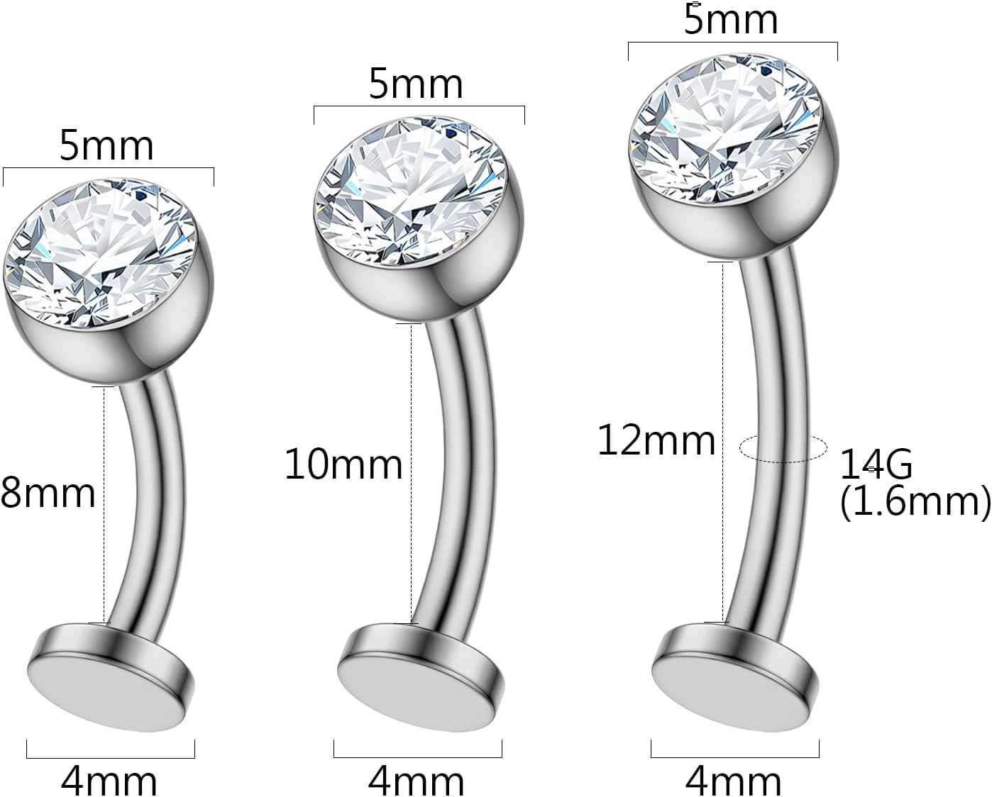 Titanium Floating Belly Ring Set 14G – 8mm/10mm/12mm Curved Barbells with 5mm CZ Crystal – 3Pcs set, 5 Colors (Silver, Gold, Black, Purple, Lake Blue) – Hypoallergenic Implant Grade Piercing Jewelry - Image 3