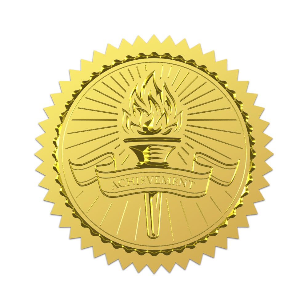 WADORN 100Pcs Torch Achievement Gold Foil Stickers, 2 Inch Torch Gold Foil Certificate Seals Round Gear Self Adhesive Embossed Seal Labels for Diploma