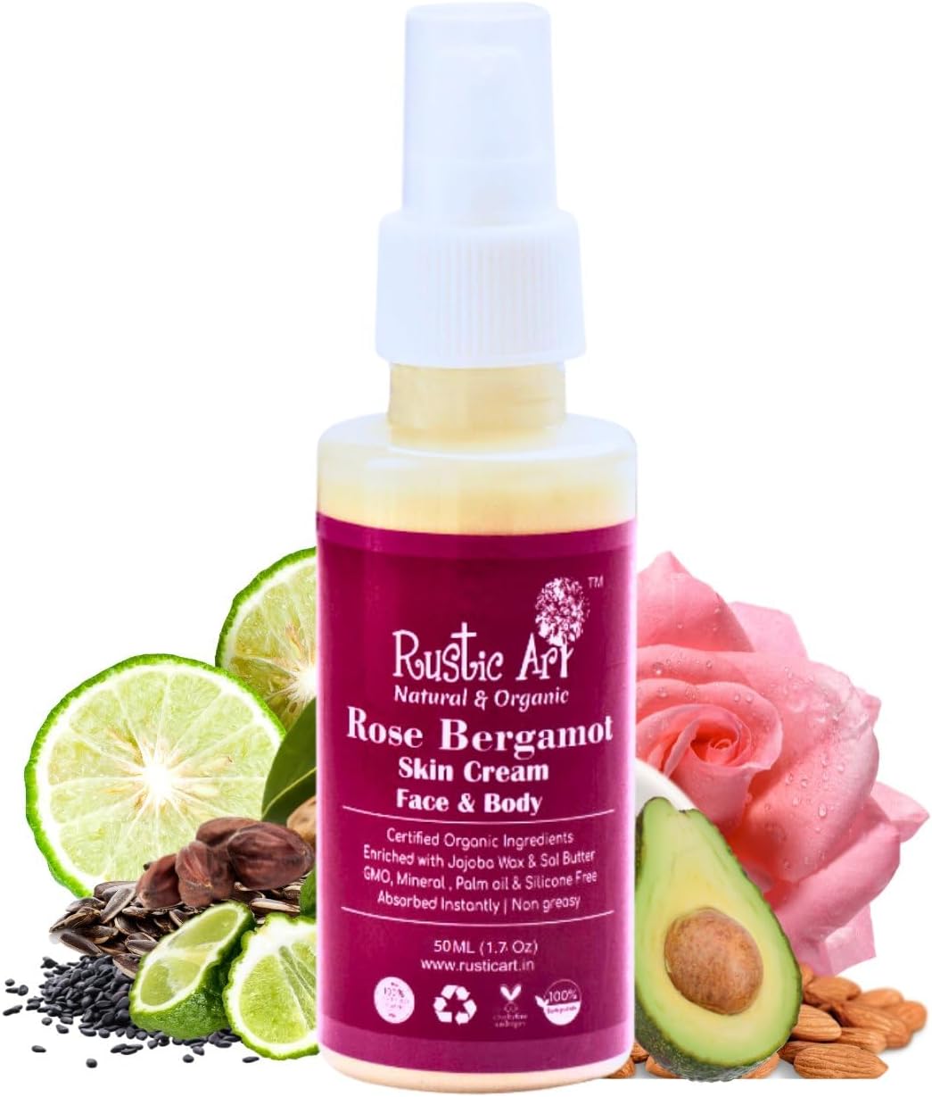 Rose Bergamot Face & Body Moisturizer | All Day Hydration | Natural Botanical Oils & Rose Water | Lightweight Non-Greasy Formula | All Skin Types | 50ml