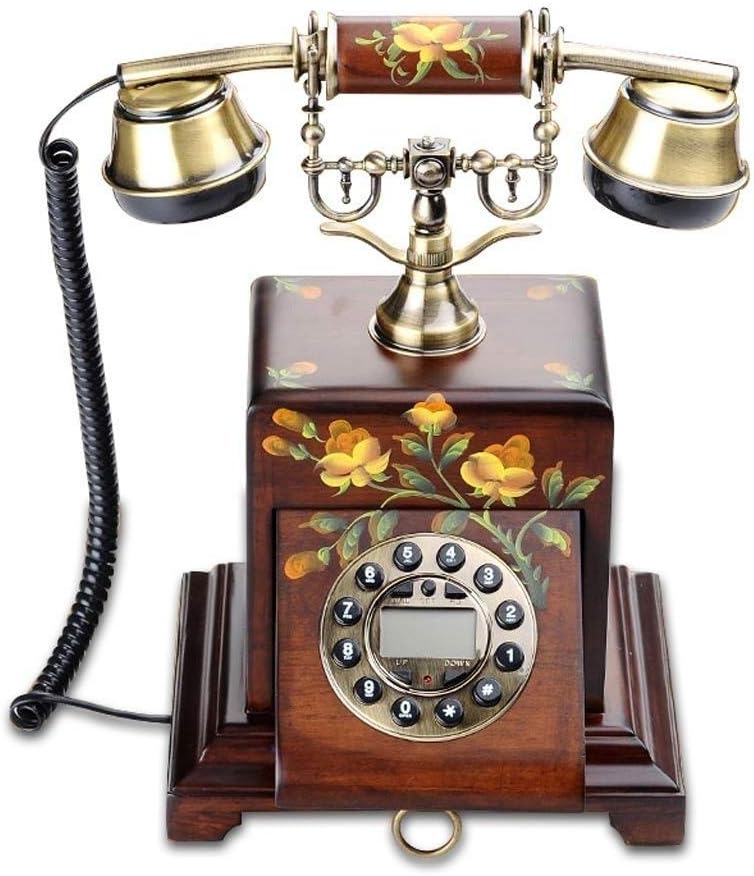 DSDD Retro/Antiguo/Teléfono de Madera Maciza/Marcación de Teclas/Auricular de Metal, Pintado a Mano, Teléfono con Cable Tallado de latón y Madera Maciza Fijo Hermoso teléfono Fijo