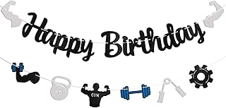 GYM Birthday Party Banner - Sports/Bodybuilding/Weightlifting Happy Birthday Banner, Gym Weight Lifting Cross Fit Fitness Themed Bday Party Supplies Black Glitter