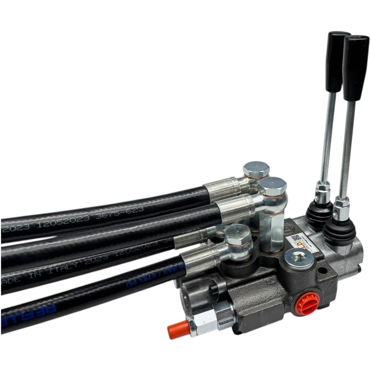 Distributore oleodinamico per trattore 2 leve doppio effetto 3/8" 45 Litri 300 bar completo di tubi e innesti rapidi push pull