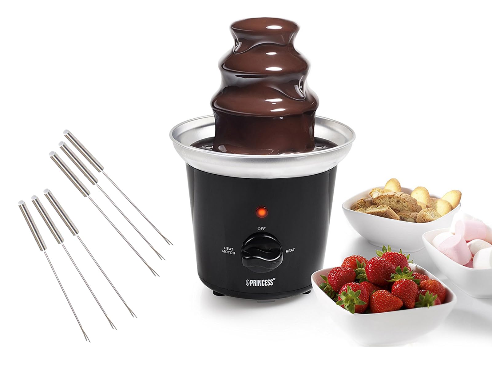 Fontaine à chocolat design pour faire fondre le chocolat pour fruits au chocolat - Set de 6 brochettes