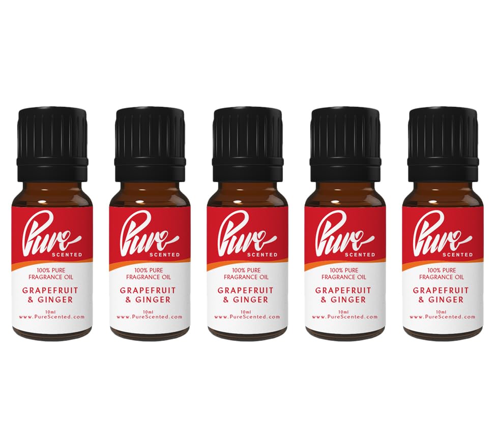 Pure Scented 50ml Fragrance Oils - 5 x 10ml Suitable for Candles, Soaps, Slime, Diffusers, Cosmetics, Wax Melts, Designer (5 x 10ml, Grapefruit & Ginger)
