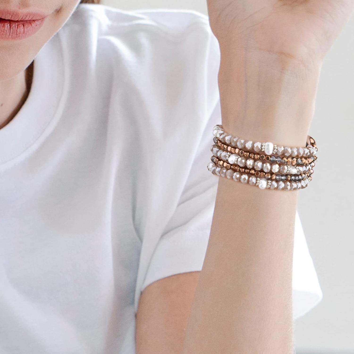 MOFREE Beaded Bracelet Compatible for Apple Watch Band 38mm/40mm/41mm/42mm(Series 10) Women,Fashion Handmade Beads Elastic Stretch Strap for iWatch Series 10/9/8/7/SE/6/5/4/3/2/1 Coffee - Image 6