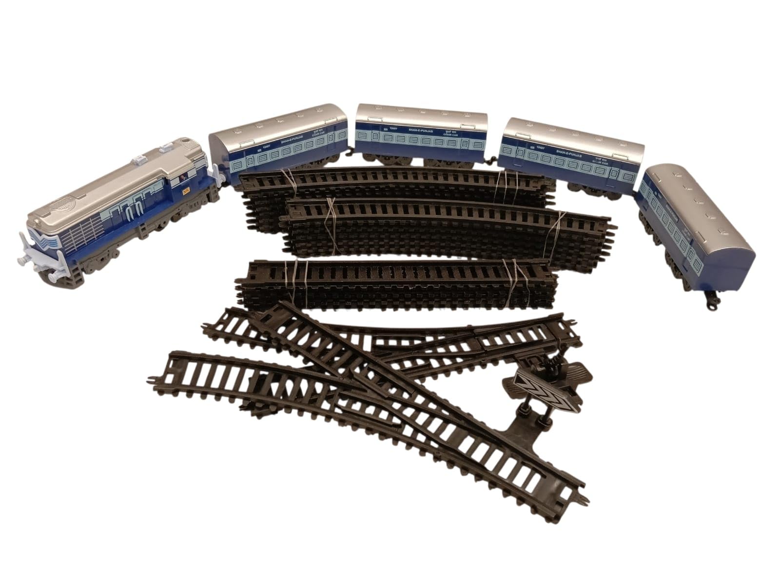 battery-operated toy train set with tracks | realistic engine & 4 passenger coaches (shan-e-punjab blue & silver edition) | diy assembly tracks with changing switch & signal for kids 3+