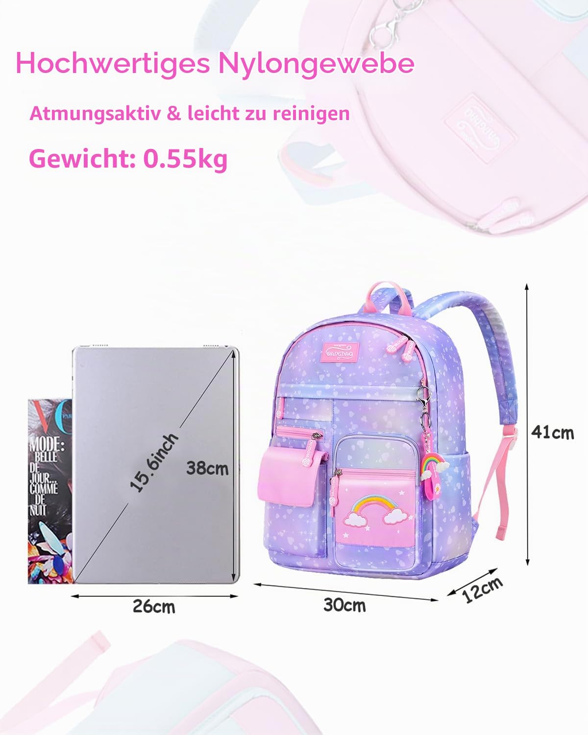 Amythe Kinderrucksack Mädchen,Rucksack Kindergarten,Schulranzen Mädchen 1-3. klasse, Leichte und Wasserdichte Nylon Schultasche für Kinder, 30 x 12 x 41 cm