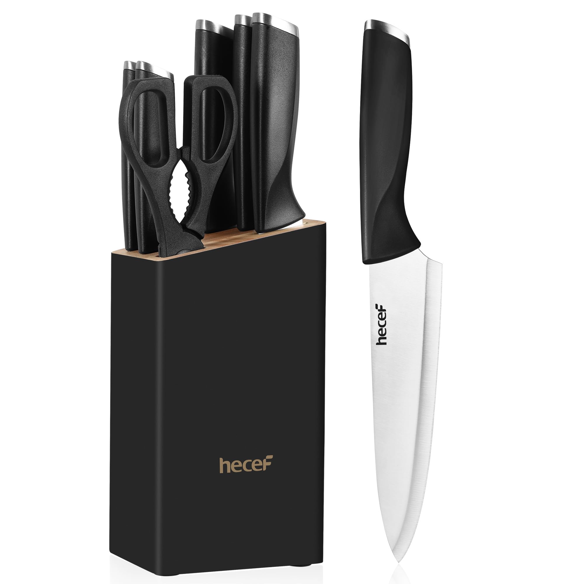 hecef Juego de Cuchillos con Bloque 7 Piezas, Afilado Hoja de Acero Inoxidable con Mango Curvo Especial para Chef y Aficionados a la Cocina, Negro