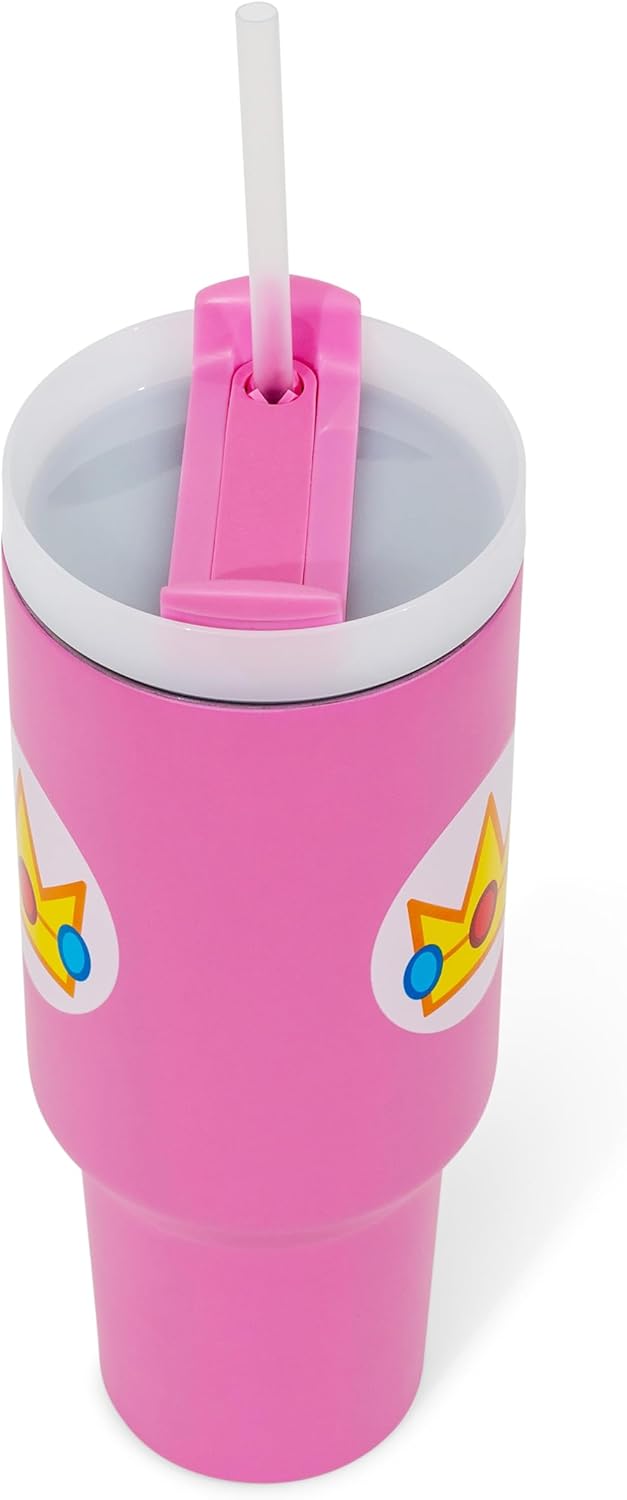 Pyramid America Super Mario Bros. Princess Peach Icon Metal Travel Tumbler With Leak-Resistant Lid and Reusable Straw | Holds 40 Ounces