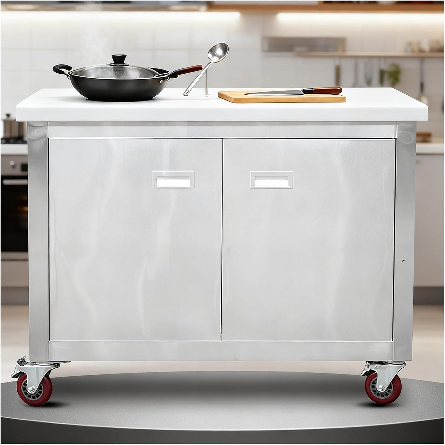 Workbench with Swivel Casters Double Doors Recessed Handles Stainless Steel Work Table Ample Storage Space Thickened Surfaces Suitable for Kitchen Organization and Warehouse Packing