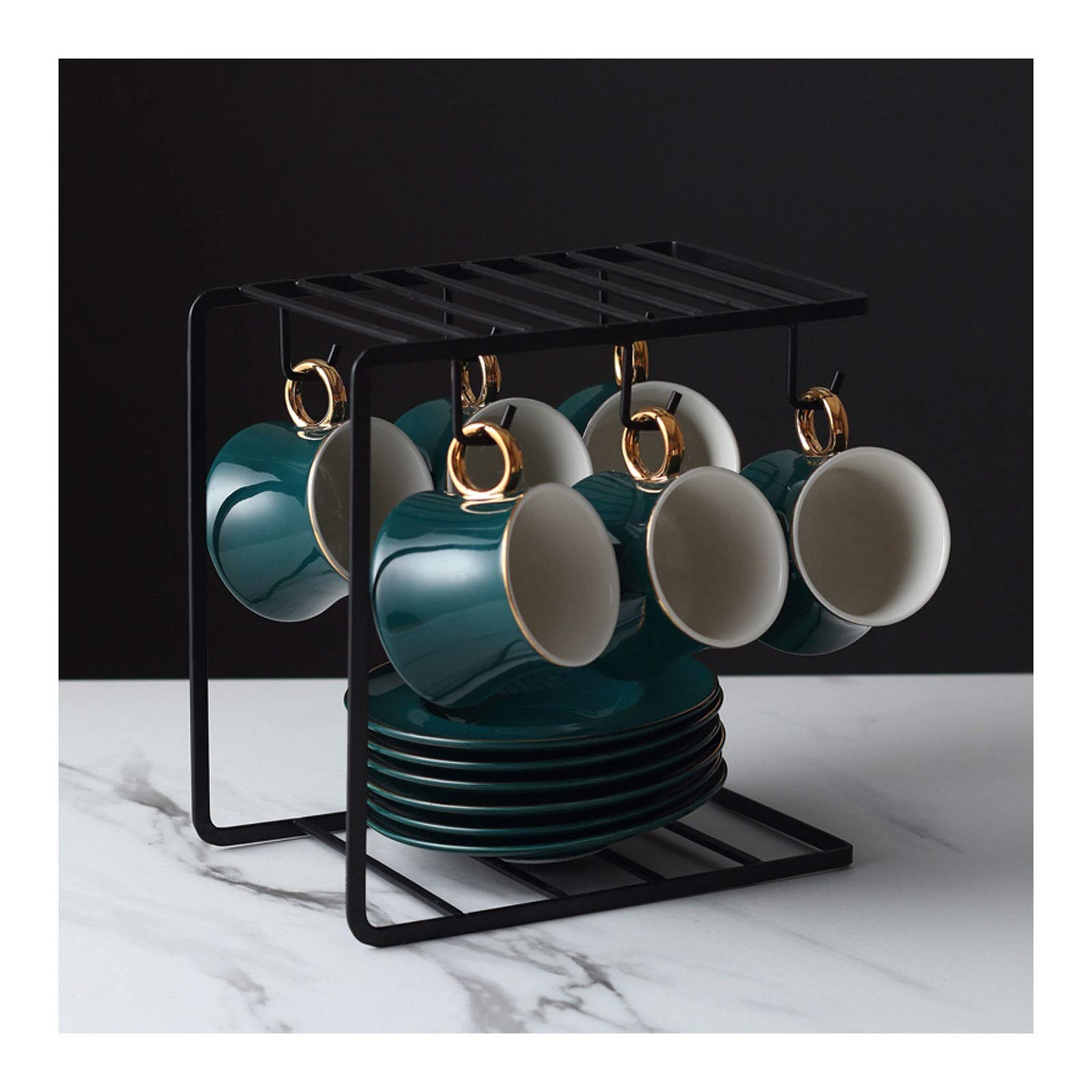 Kaffeetasse Keramik Tasse Untertasse Set Porzellan Teetasse Set Kaffeetasse Saucer Set 7.4 Oz China Teetasse mit Anzeigeständer, Set von 6 Teetasse(Dark green)