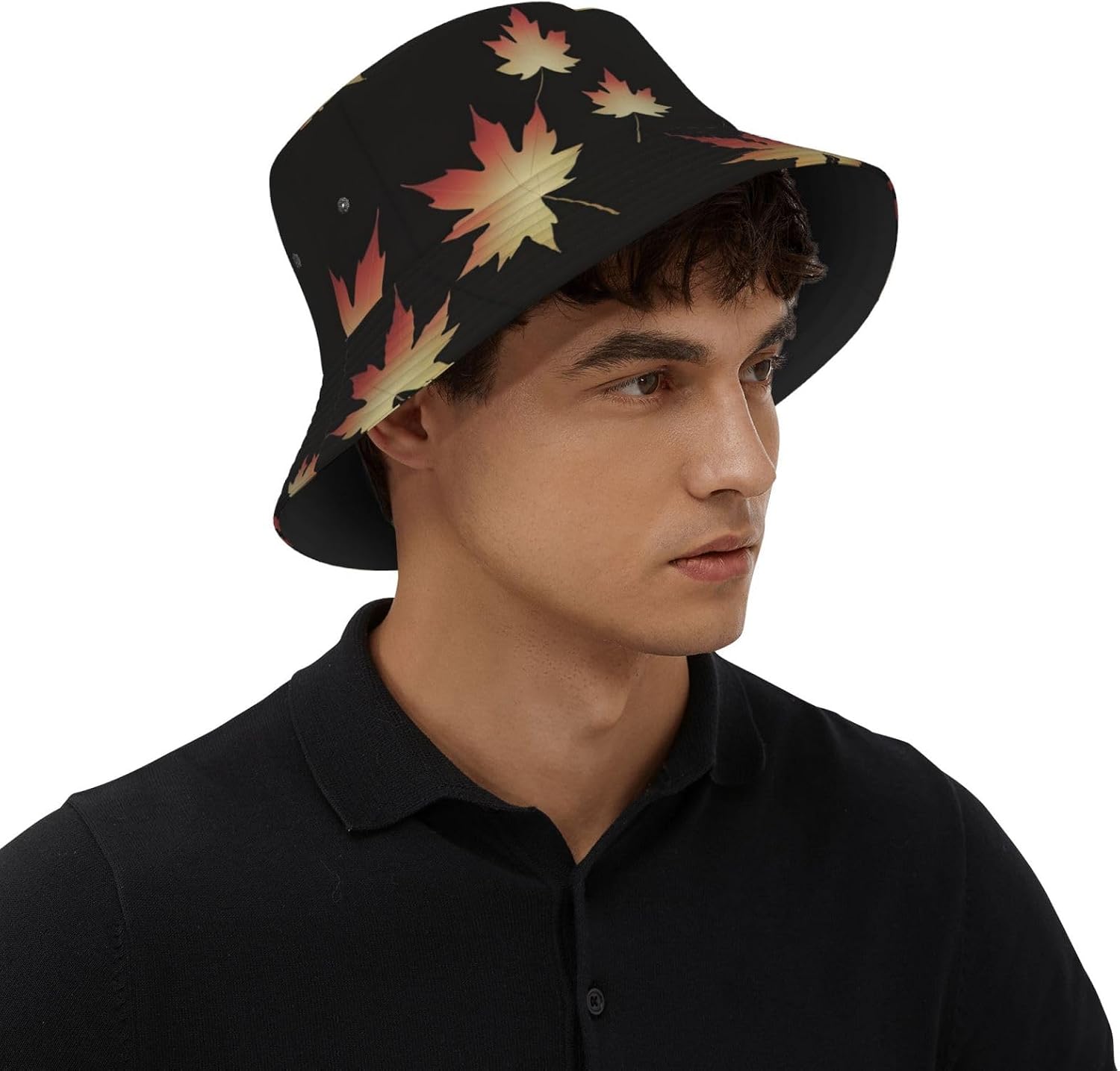 Falling Maple Leaves Prints Summer Outdoor Travel Bucket hat, a Beach Sun hat Suitable for Both Men and Women Black