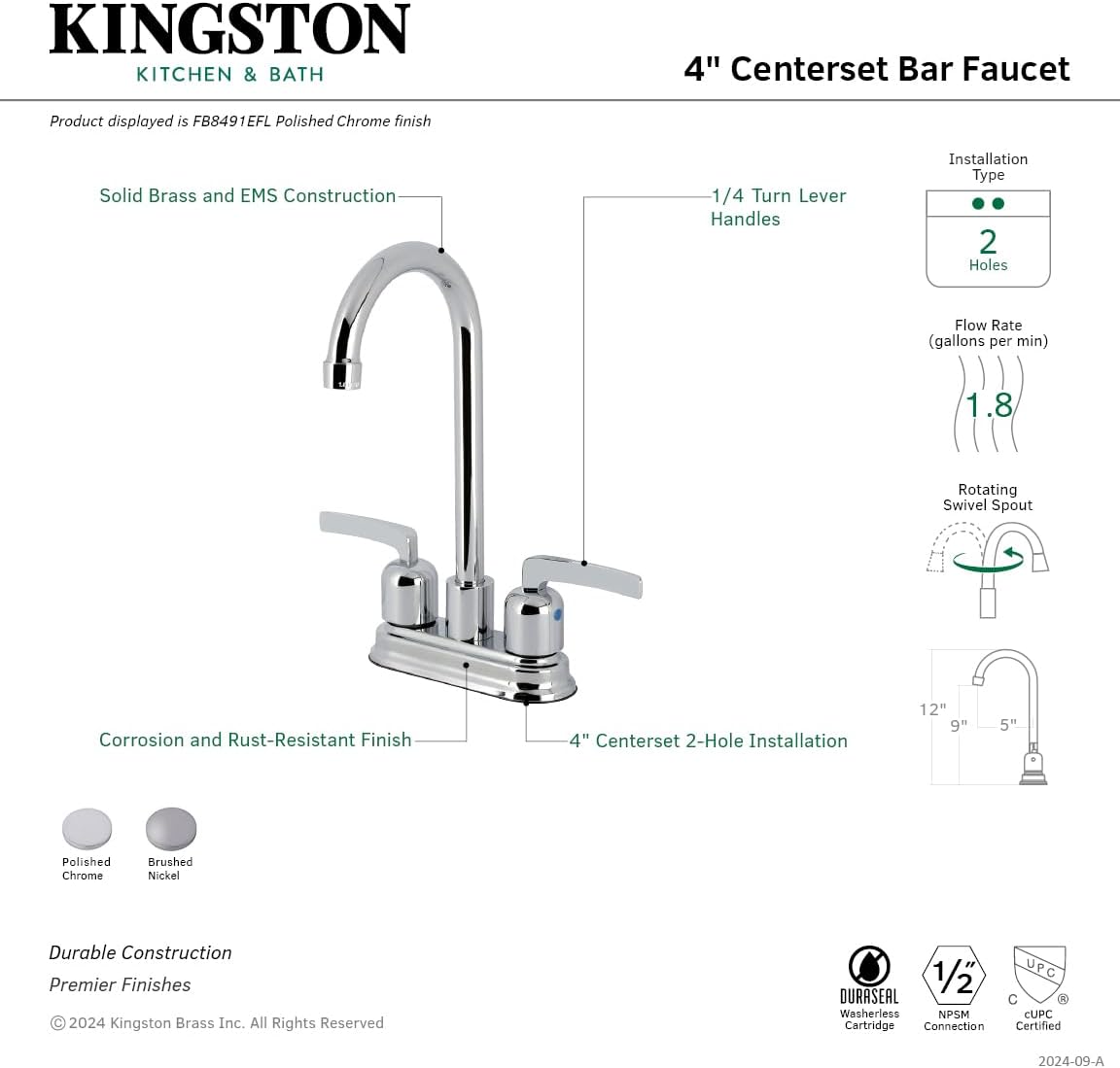 Kingston Brass FB8491EFL Centurion 4-Inch Centerset High-Arc Bar Faucet, Polished Chrome