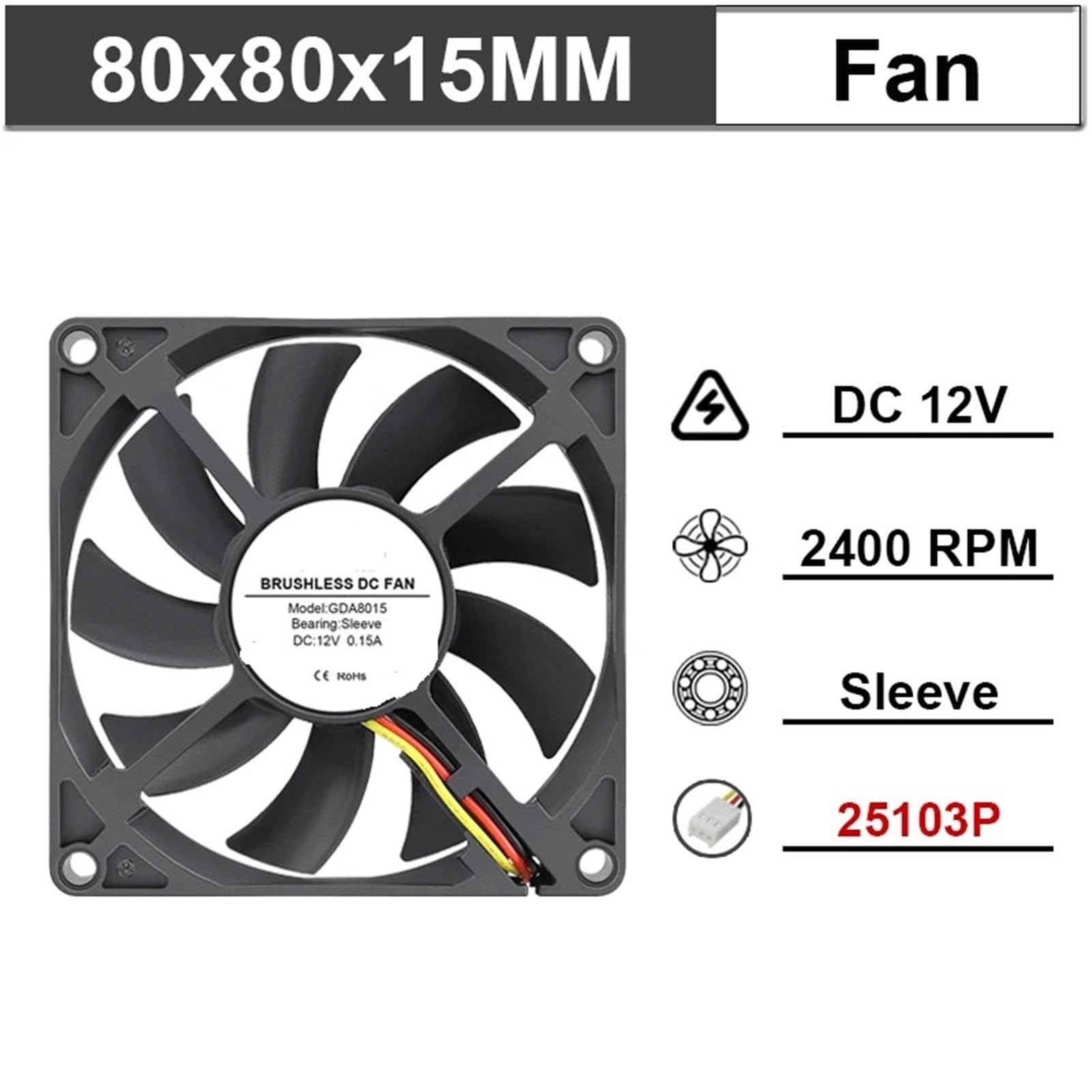 Gleichstrom-Lüfter 12V 24V Doppelkugellager Axiallüfter GDA8015 2 Pin