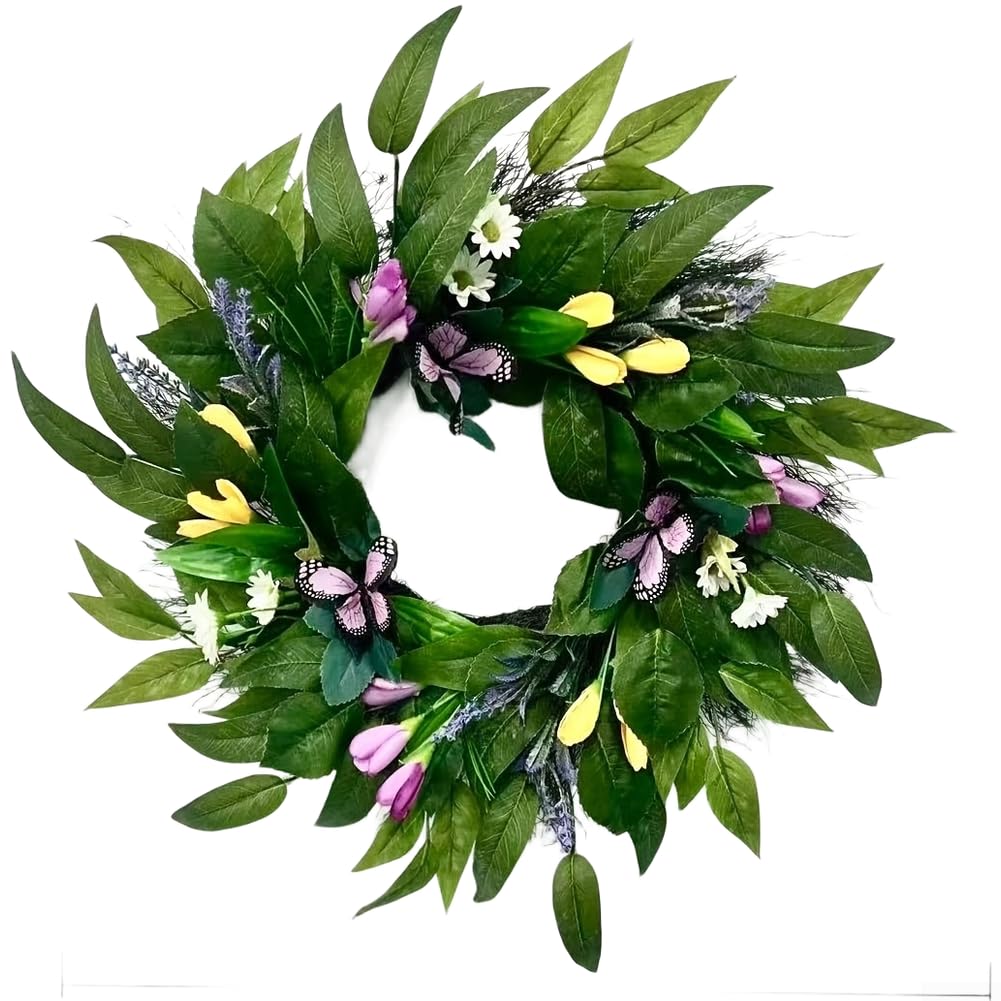 Couronne florale printanière 50 cm avec papillons pour porte extérieure