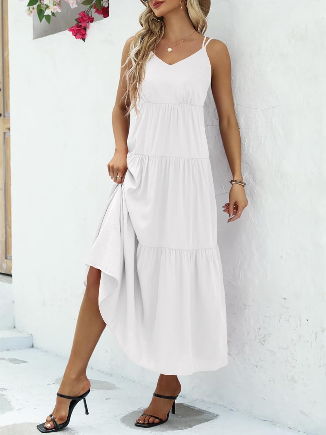 Febriajuce Women’s Summer Maxi Dress Casaul Spaghetti Straps Solid V-Neck Backless Cami Dresses with Two Pockets - Image 2