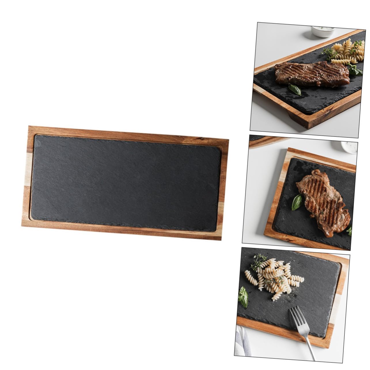 Plato de degustación multifuncional de madera de acacia negra, pizarra natural, para presentaciones de sushi y uso en restaurantes.
