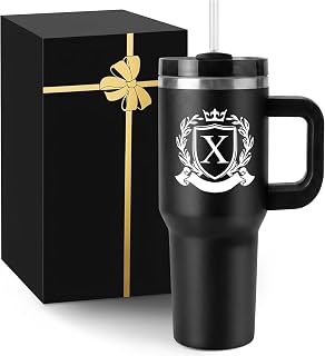 MNZZ Initial 40 Oz Tumbler with Handle Lid Insulated Travel Cup Coworker Friends Neighbors Farewell Going Moving Away Leaving Goodbye Basic Training Job Promotion House Warming New Home Men Gifts, X