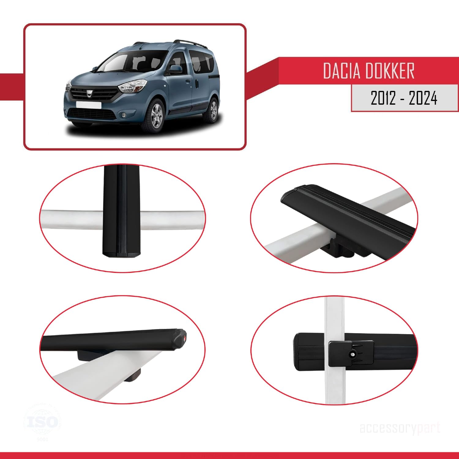 Kompatybilny z Dacia Dokker (K67) 2012-2024 BASIC Model Aluminiowy bagażnik dachowy 2 poprzeczki, czarne