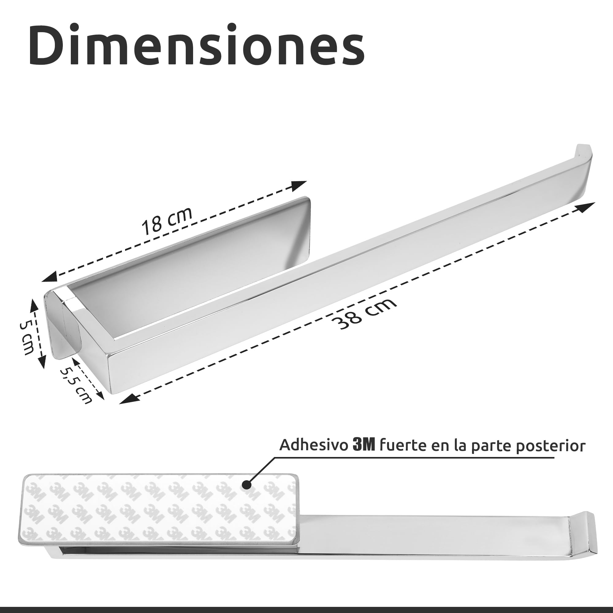 ECENCE Toalleros de Baño sin Taladro Cromo 38cm - Colgador de Toallas con Adhesivo en Acero Inoxidable 304, Antióxido para Cocina y Aseo