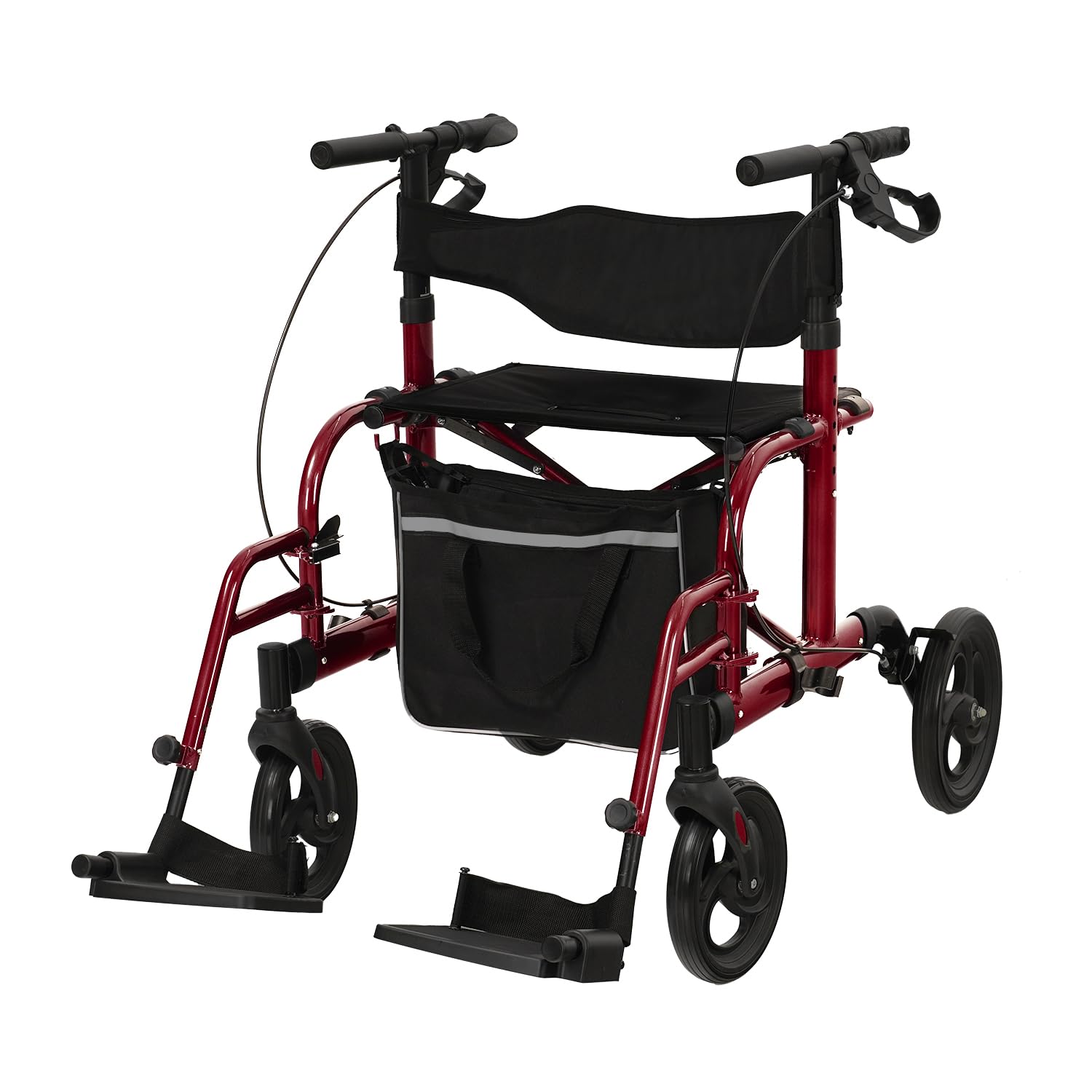 Deambulatore pieghevole 2 in 1 per sedia a rotelle pieghevole e leggero con sedile, in alluminio con supporto per bastone e borsa della spesa rimovibile, deambulatore sottile per casa (Rosso)