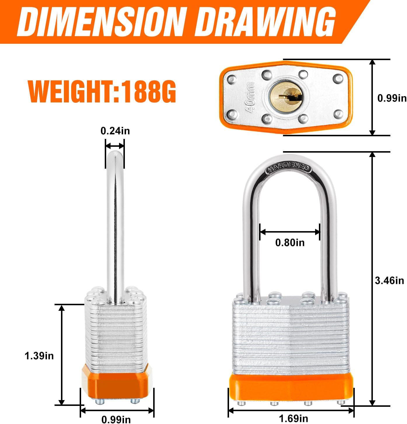 12Pcs Padlocks with Same Keys,Laminated Steel Orange Silver(1-9/16",40mm),Long Shackle for Sheds,Gates,Fences,Toolbox,Outdoor and Indoor Use