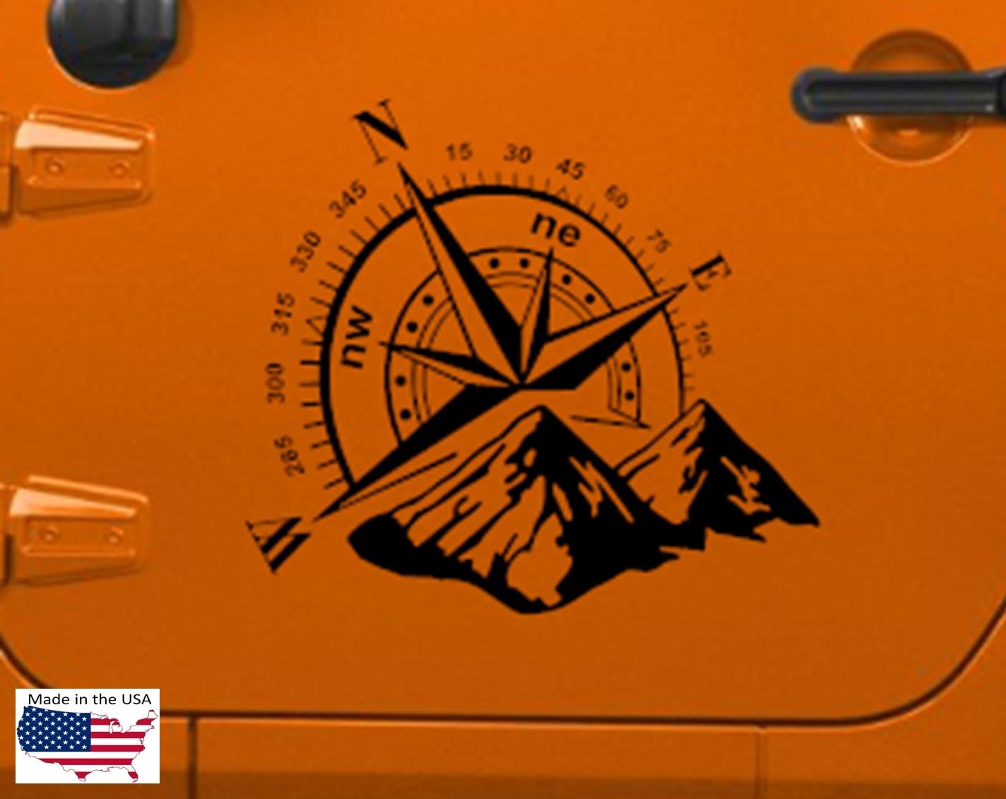 Clausen's World Compass with Mountains Hood Door Vinyl Decal 22 x 20 Inches, Fits Wrangler, Black Matte