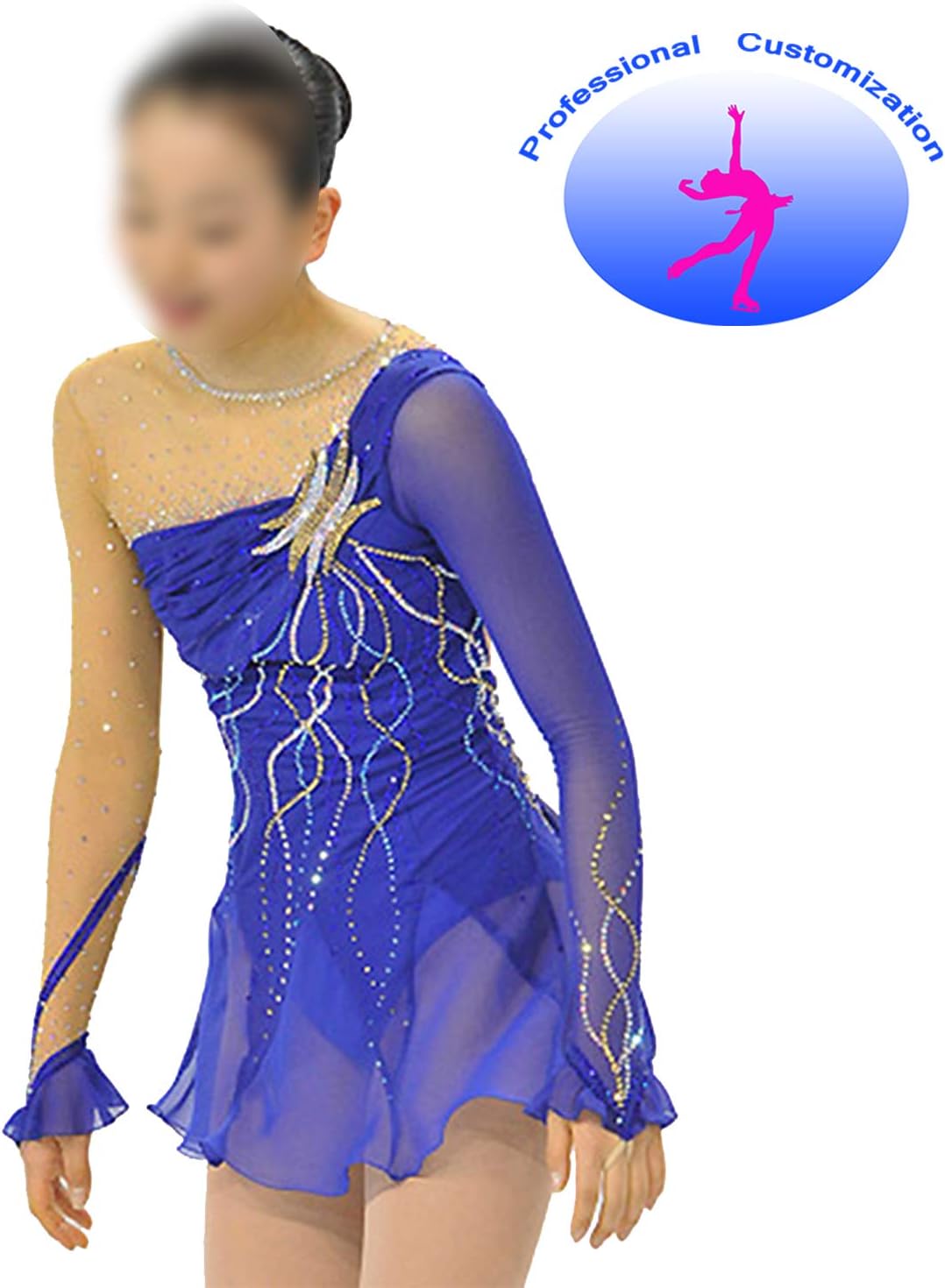CUIXI Ice Skating Dress Competition Rhythmic Gymnastics Leotard for Girls and Women Handmade Figure Skating Professional Competition, Blue Sexy High Elastic Asymmetrical Design