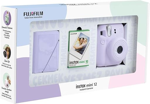 Instax mini 12 Lilac Camera 10-Piece Movie and 28-Piece Mini Album Bundle Box