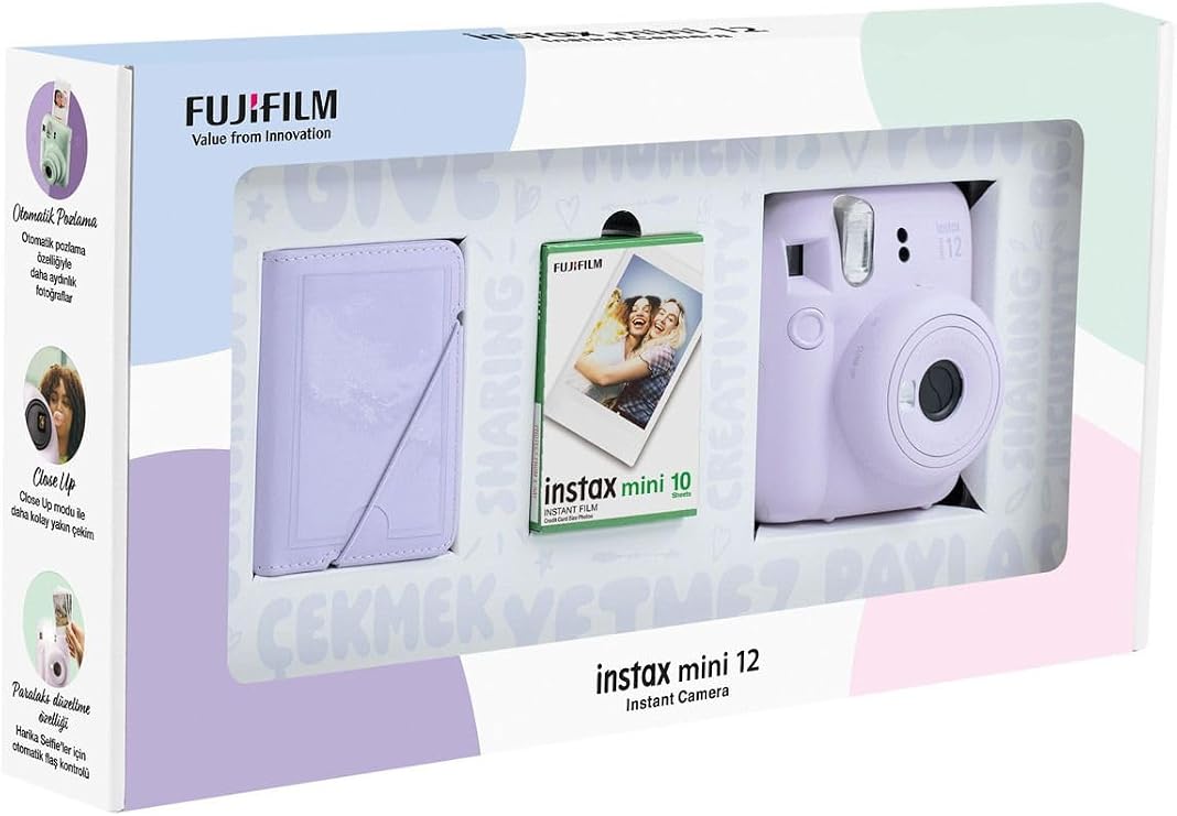 Instax mini 12 Lilac Camera 10-Piece Movie and 28-Piece Mini Album Bundle Box