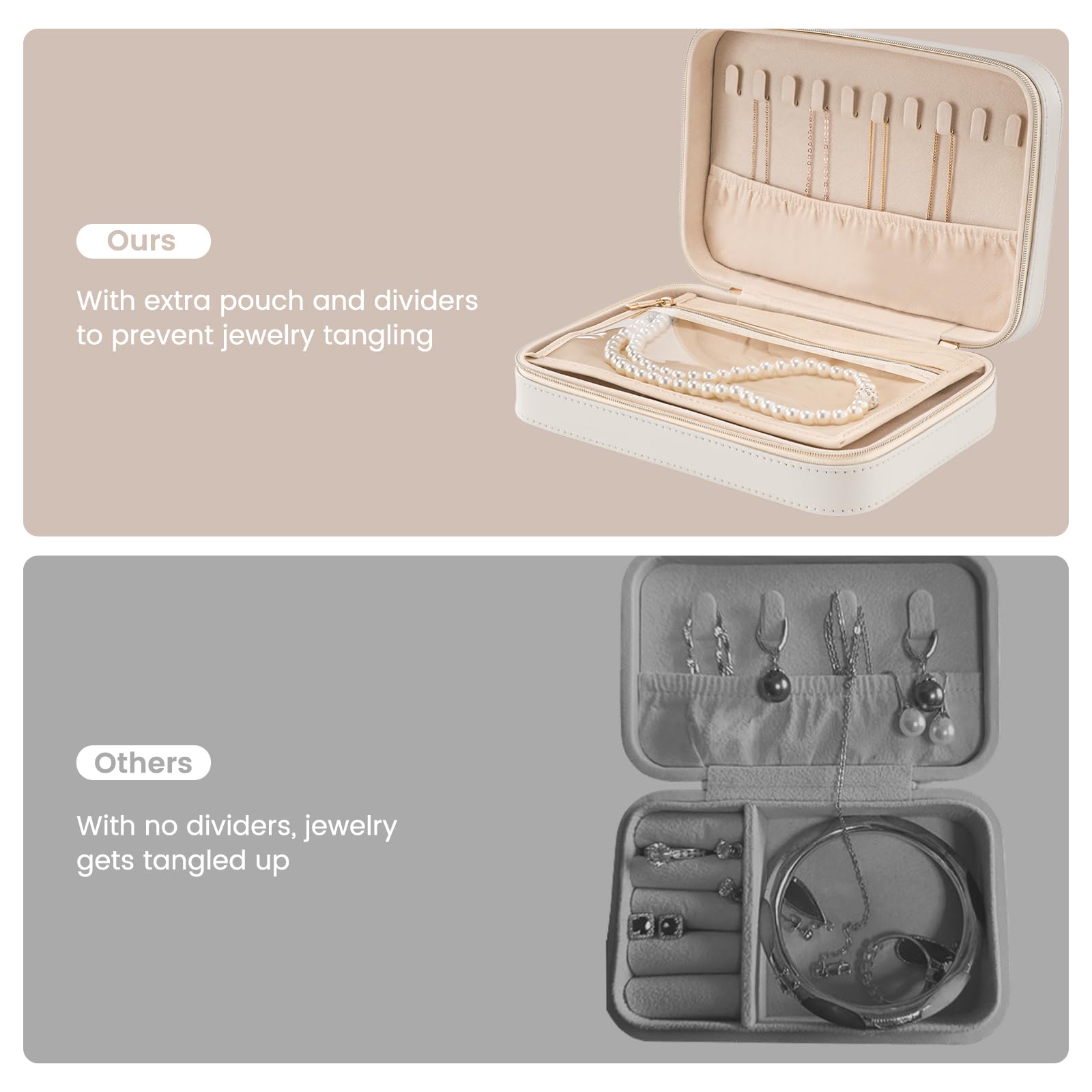 Lolalet Caja de Joyería de Viaje, Organizador Portátil de Piel Sintética con Espejo para Pendientes, Anillos, Collares y Pulseras, Tamaño M, Blanco