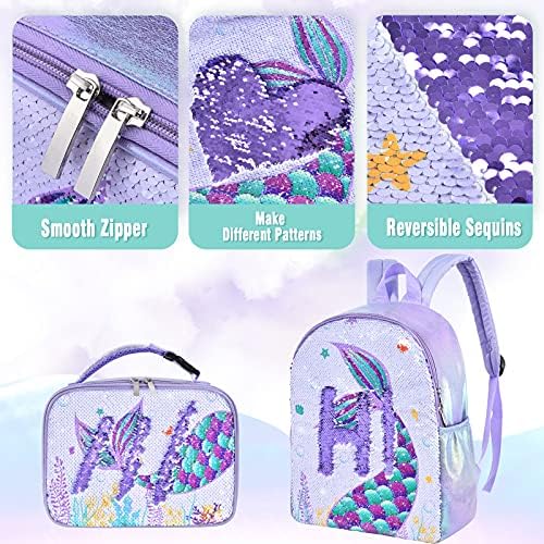 WERNNSAI Mermaid Kids Backpack Set - 15Mermaid Sequins School Backpack with Lunch Bag for Girls Preschool Kindergarten Elementary Hiking Travel Laptop Lightweight Book Bag Insulated Lunch Tote Bag