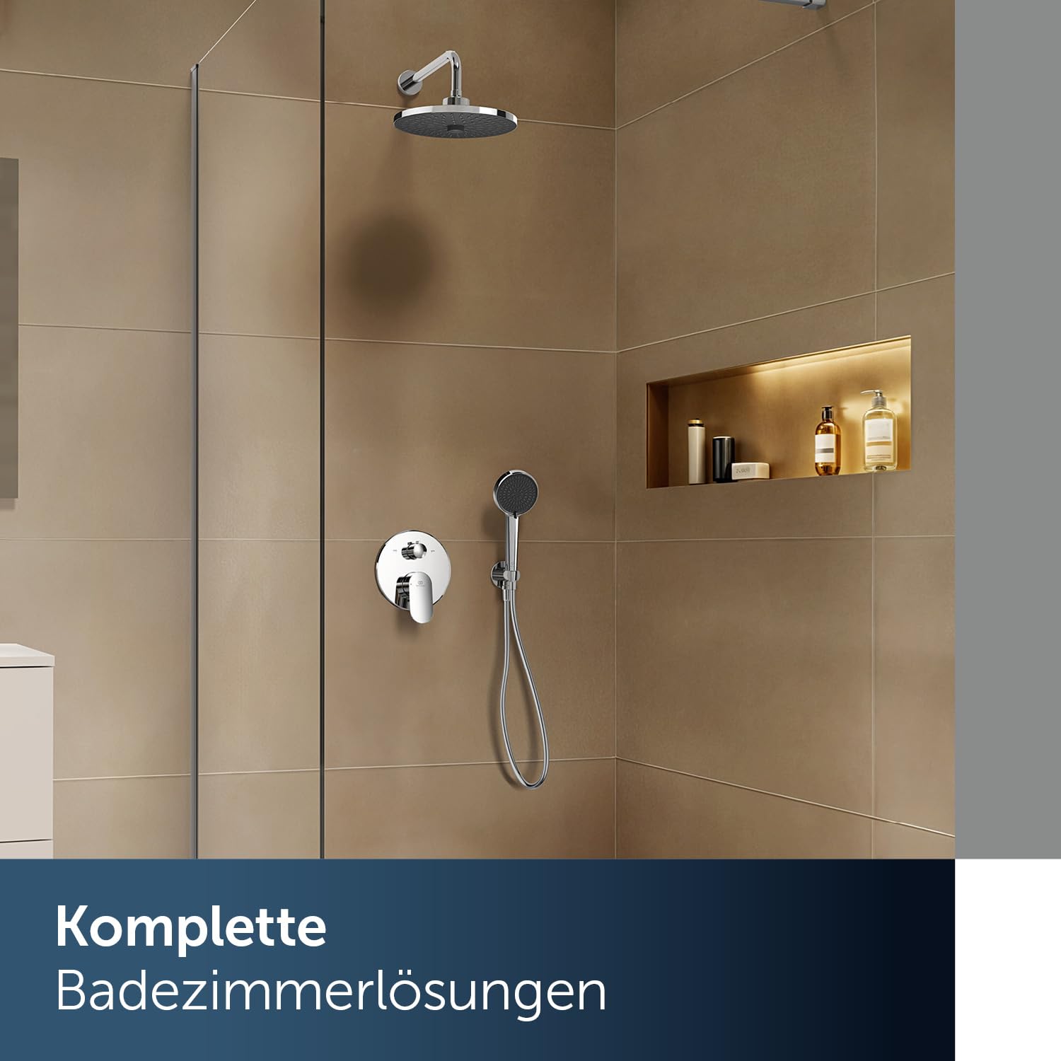 Ideal Standard Idealrain Alu+ 2-Funktionskopfbrause, mit zwei Strahlarten (SilkRain und Rain) per Drehumschaltung, wassersparende Regenbrause mit EasyClean-Düsen – Chrom (260x91x260 mm)