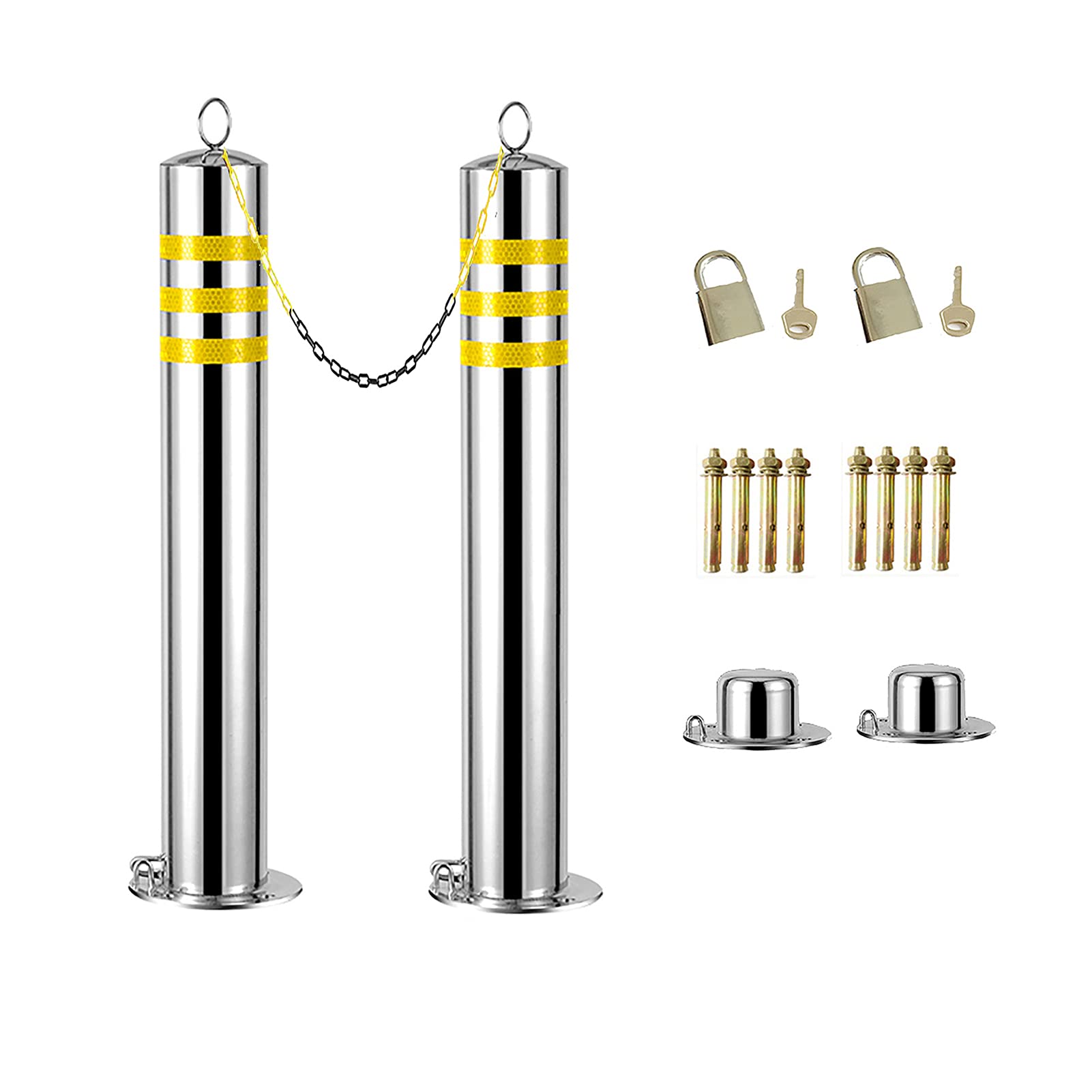 SnamicE Parking Barrier Pack of 2 Reflective Parking Bollards with Plastic Chain and Lock,Stainless Steel Traffic Cones Security Parking Poles for Driveway,Silver-800x76mm/31.5x3in