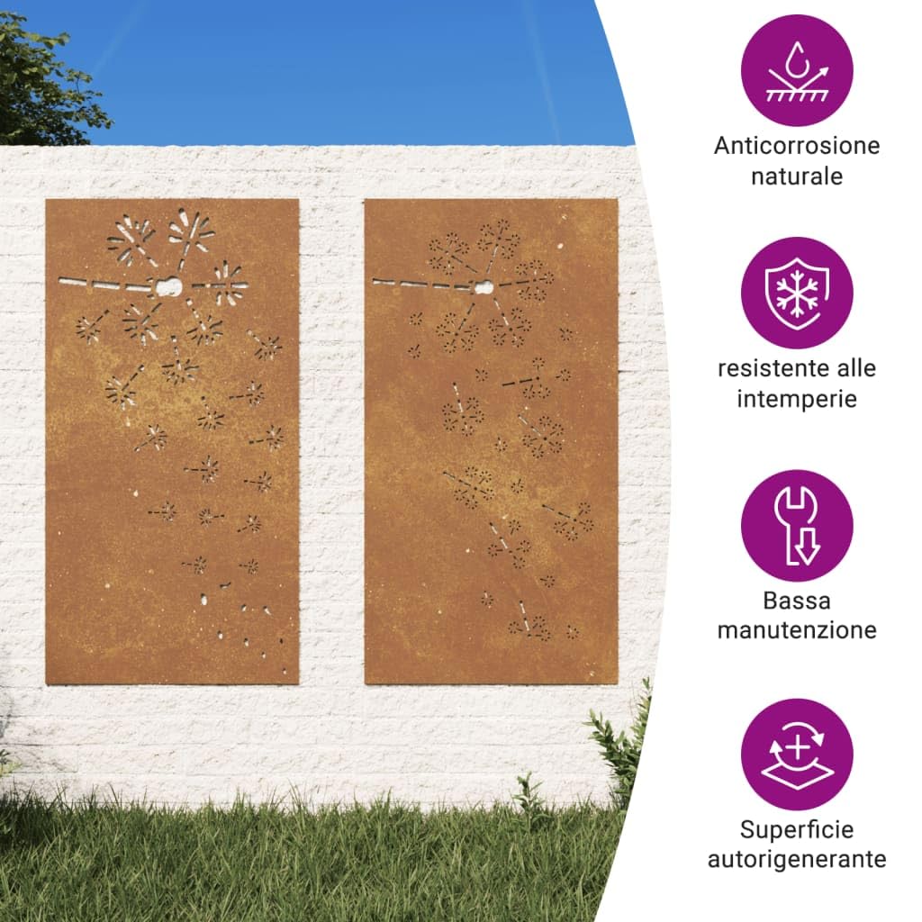 vidaXL Decorazioni Muro da Giardino 2pz 105x55 cm Fiore Acciaio Corten
