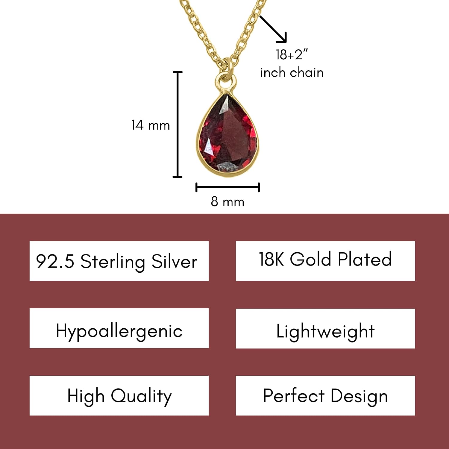Garnet Necklace for Women, Premium Gold Pear Drop Necklaces for Women - Tarnish Free 18K Gold Vermeil Certified S925 Classic Statement Gold Jewelry for Women - Mothers Day Gifts for Mom Wife