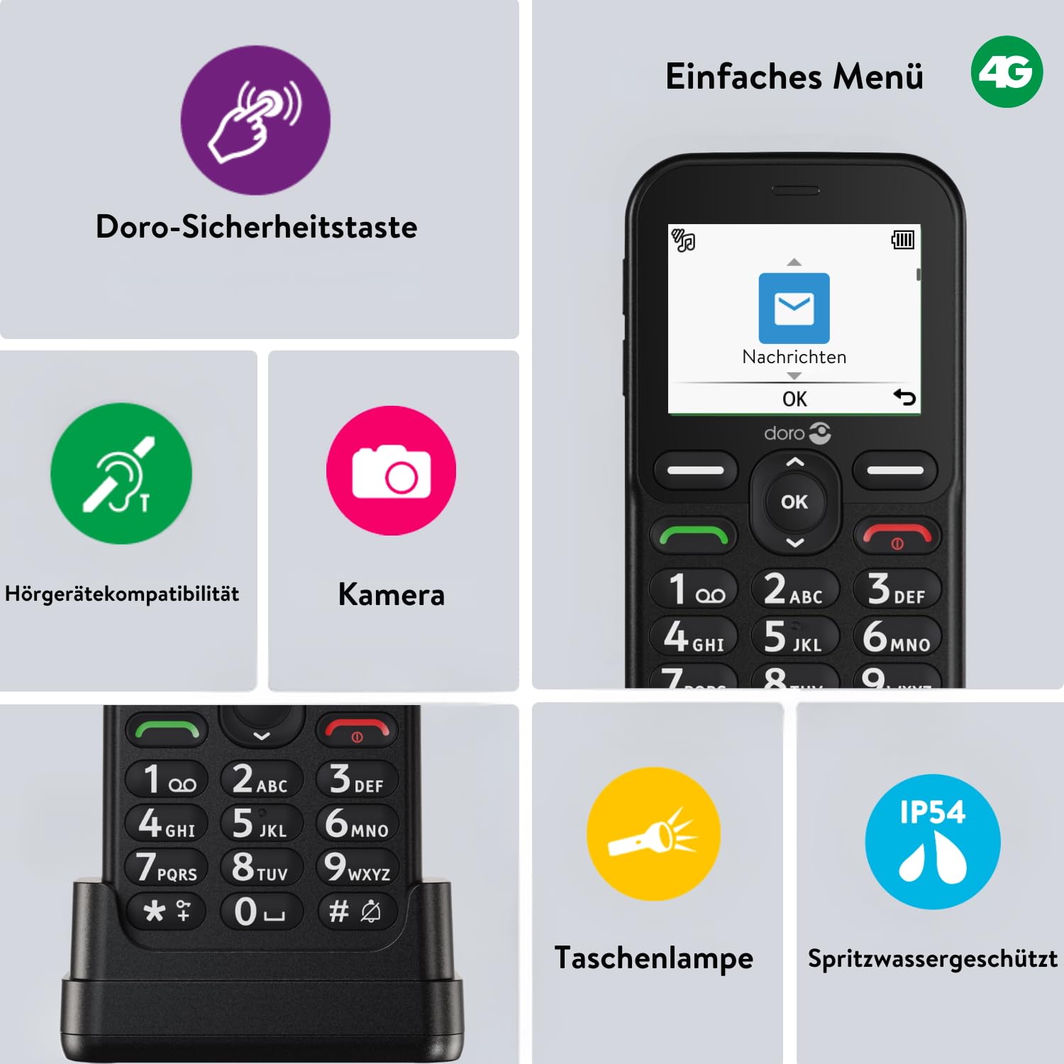 Doro - Hebel-Telefon E10 - Handy für Senioren - Horizontales Display, kontrastreiche Tasten, lauter und klarer Audio, HD Voice, Kamera, Secure Button - Ladestation - Rot
