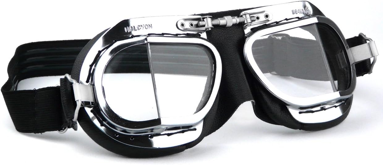 Halcyon Mark 9 Deluxe Chrome Motorcycle Goggles with Brass Frames - PVC Facemask (Black PVC Facemask, Standard)