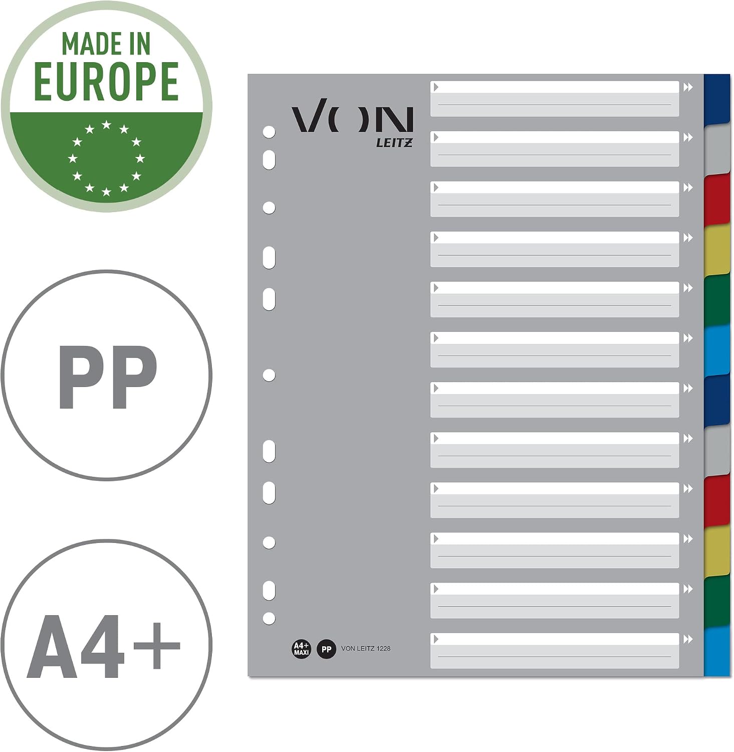 VON Leitz 12280000 A4 Index Pages, 12 Blank Dividers for Folders, Polypropylene, Extra Wide, 11-Hole Universal Index for File Binders and Ring Binders, Multi-Colour, 12280000